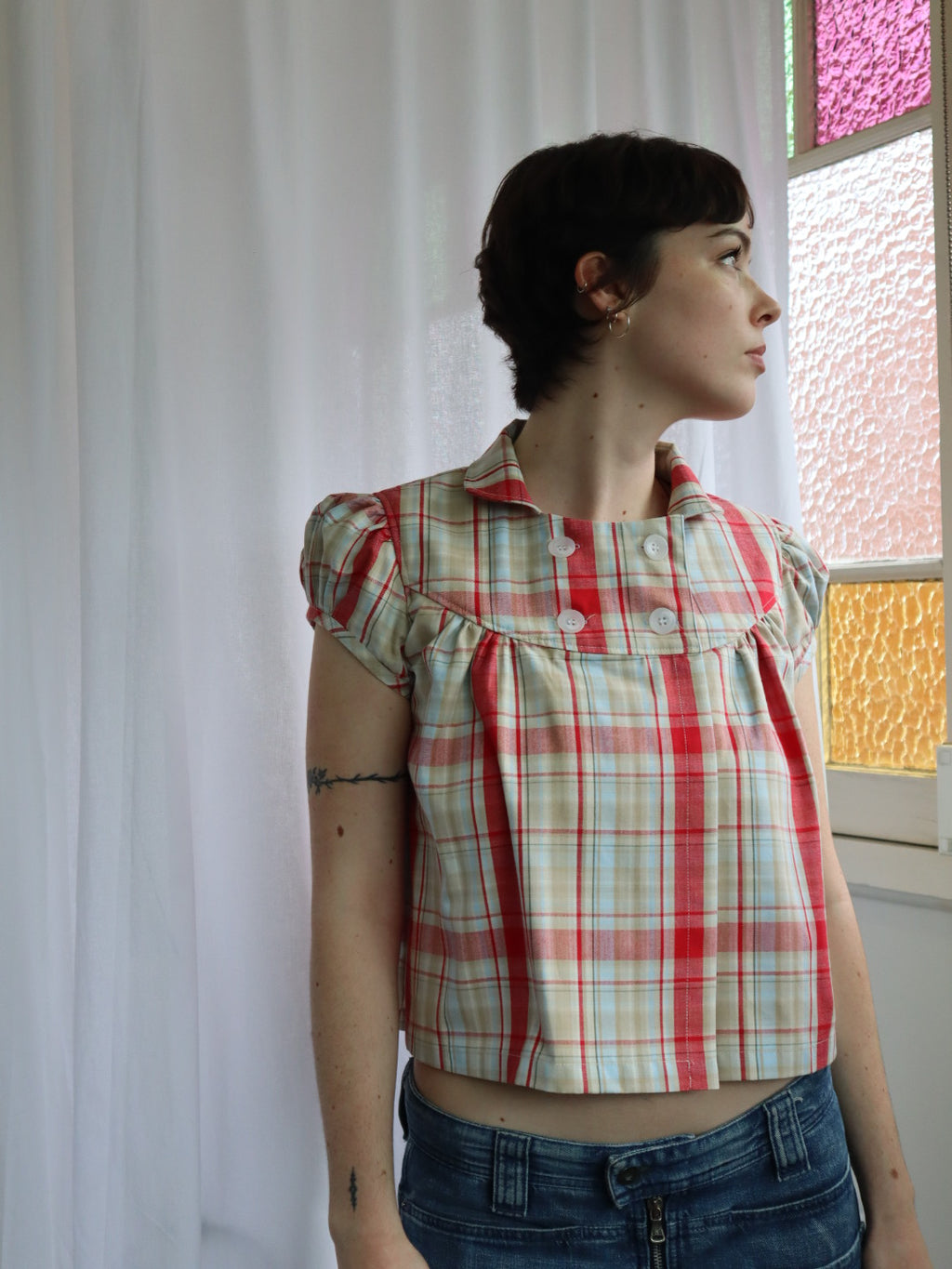 Baby Button Top- Strawberry Plaid
