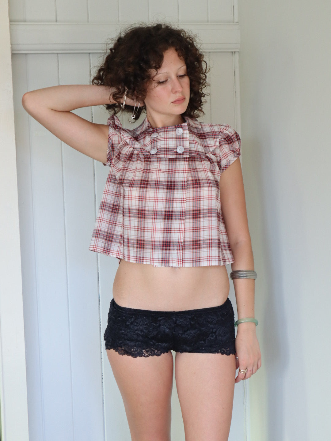 Baby Button Top- Red Plaid