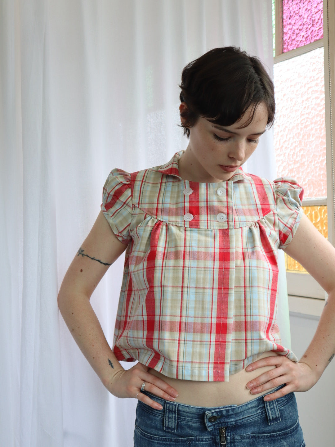 Baby Button Top- Strawberry Plaid