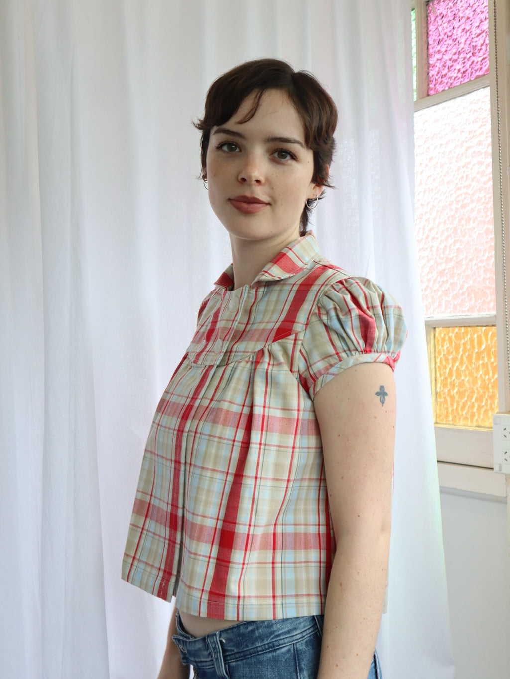 Baby Button Top- Strawberry Plaid