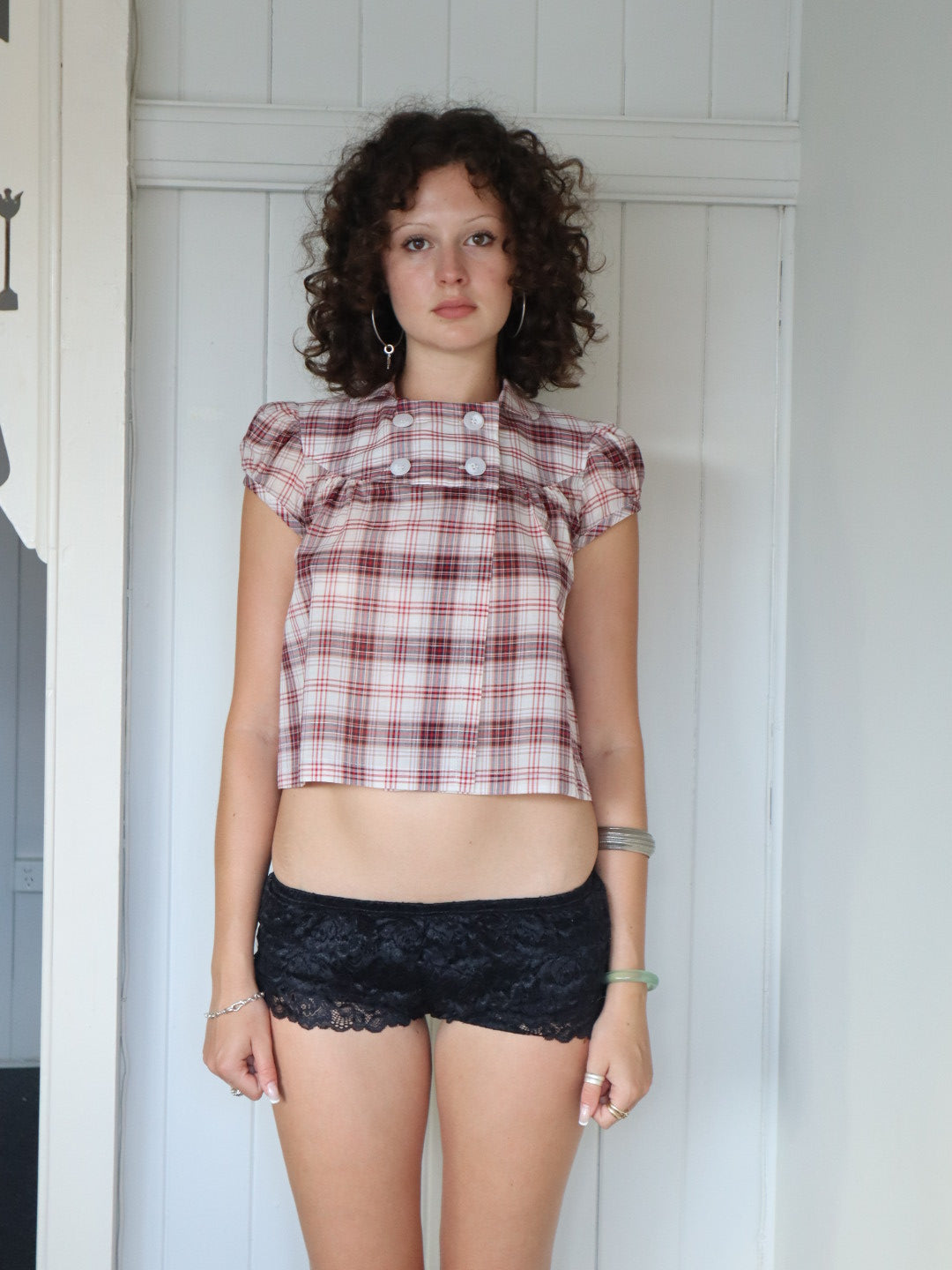 Baby Button Top- Red Plaid