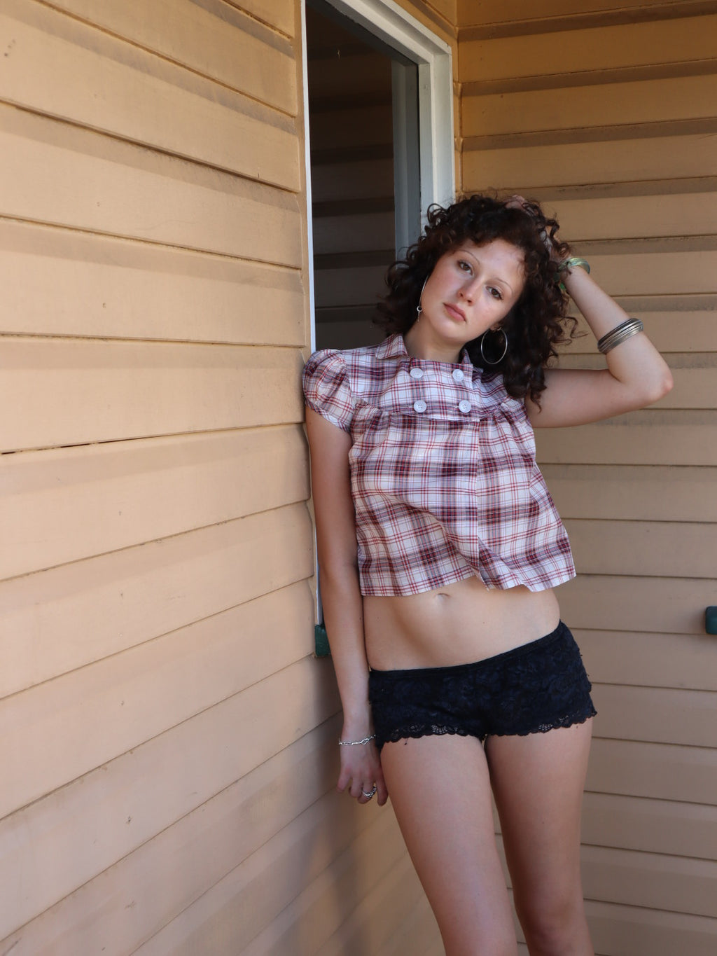 Baby Button Top- Red Plaid