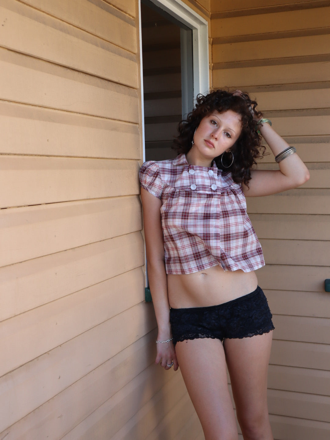 Baby Button Top- Red Plaid