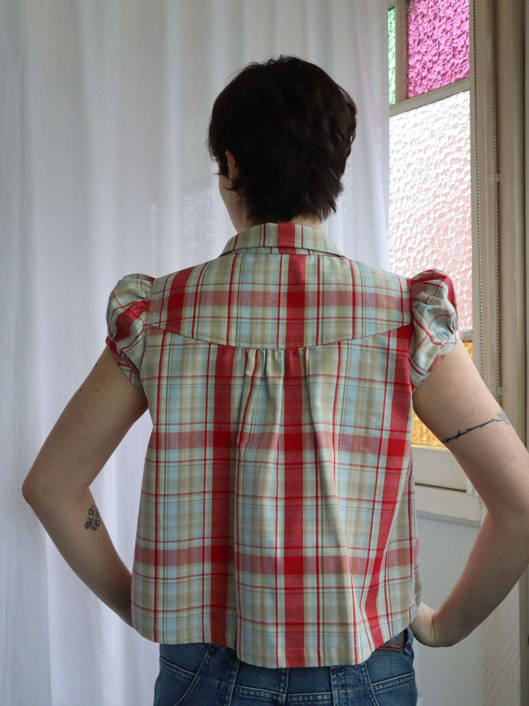 Baby Button Top- Strawberry Plaid