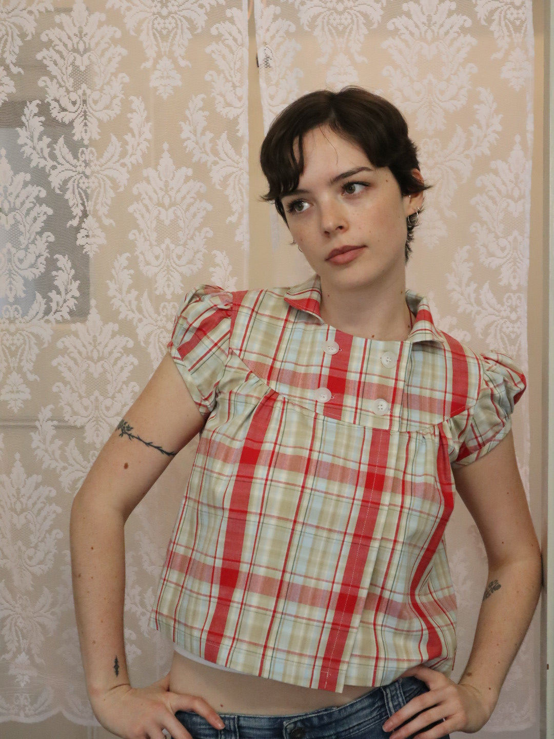 Baby Button Top- Strawberry Plaid