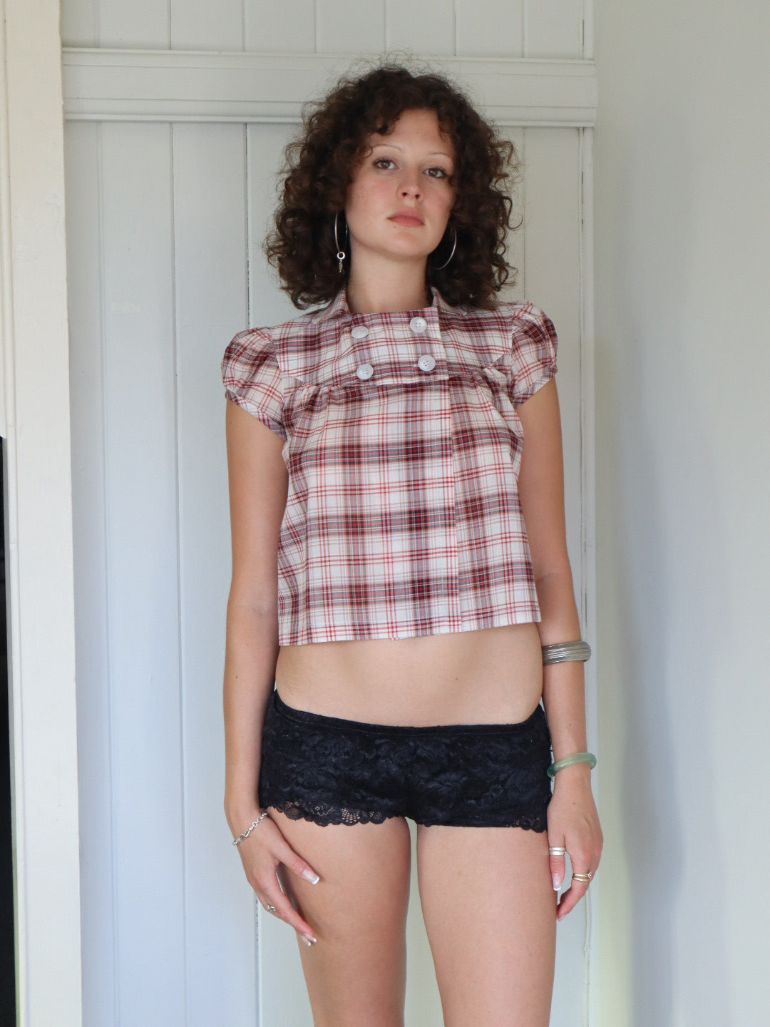 Baby Button Top- Red Plaid