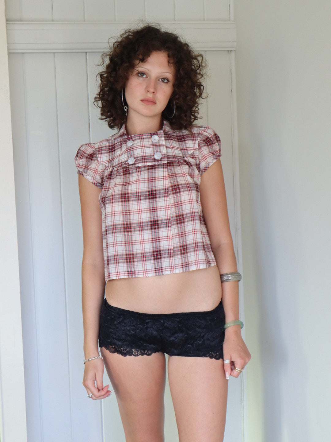 Baby Button Top- Red Plaid